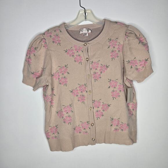 New Cottage Floral Cardigan Puff Sleeve Feminine Pink Pearl Button Women XL - Picture 9 of 12